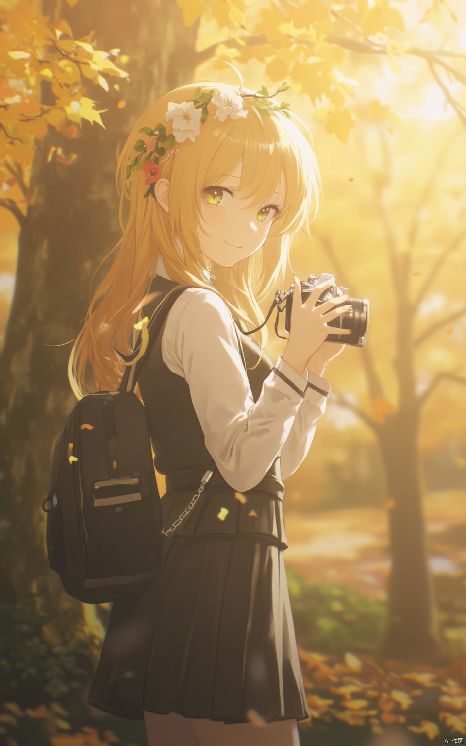 A young Asian woman wearing a flower wreath,photo,The image is an illustration of a young girl with long blonde hair. She is standing in front of a tree with yellow leaves, and she is holding a camera in her hands. The girl is wearing a black and white school uniform with a black skirt and a black backpack. She has a backpack slung over her shoulder and is looking at the camera with a smile on her face. The background is blurred, but it appears to be an autumn scene with trees and foliage. The overall mood of the image is peaceful and serene