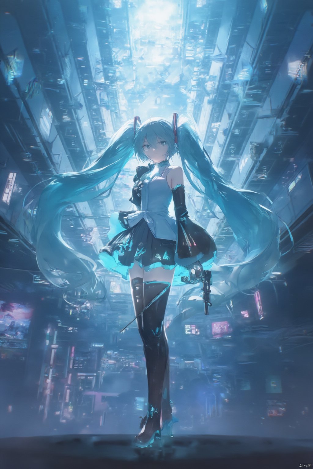 The image is an illustration of a young woman with long blue hair, standing in a futuristic cityscape. She is wearing a black and white outfit with a high neckline and long sleeves, and is holding a gun in her right hand. The woman is standing on a platform with a futuristic design in the background. The cityscape is filled with tall buildings and skyscrapers, and the sky is a mix of blue and pink hues. The overall mood of the image is futuristic and futuristic.