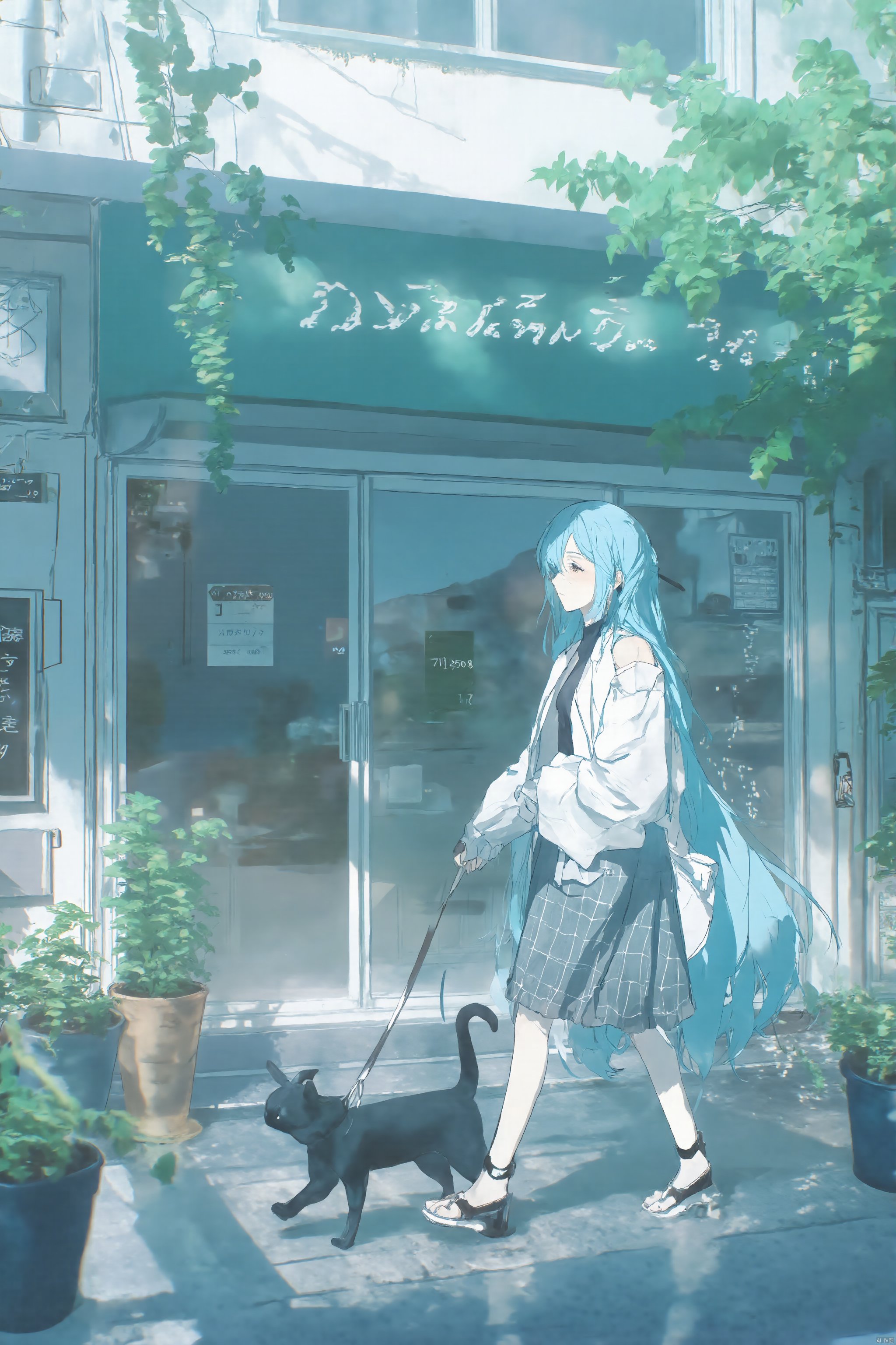 The image shows a young woman with long blue hair walking on a sidewalk in front of a store. She is wearing a white dress and carrying a black cat on her shoulder. The store has a green awning with Japanese text on it, and there are several potted plants on either side of the sidewalk. The sky is blue and there is a tree in the background. The overall mood of the image is peaceful and serene.