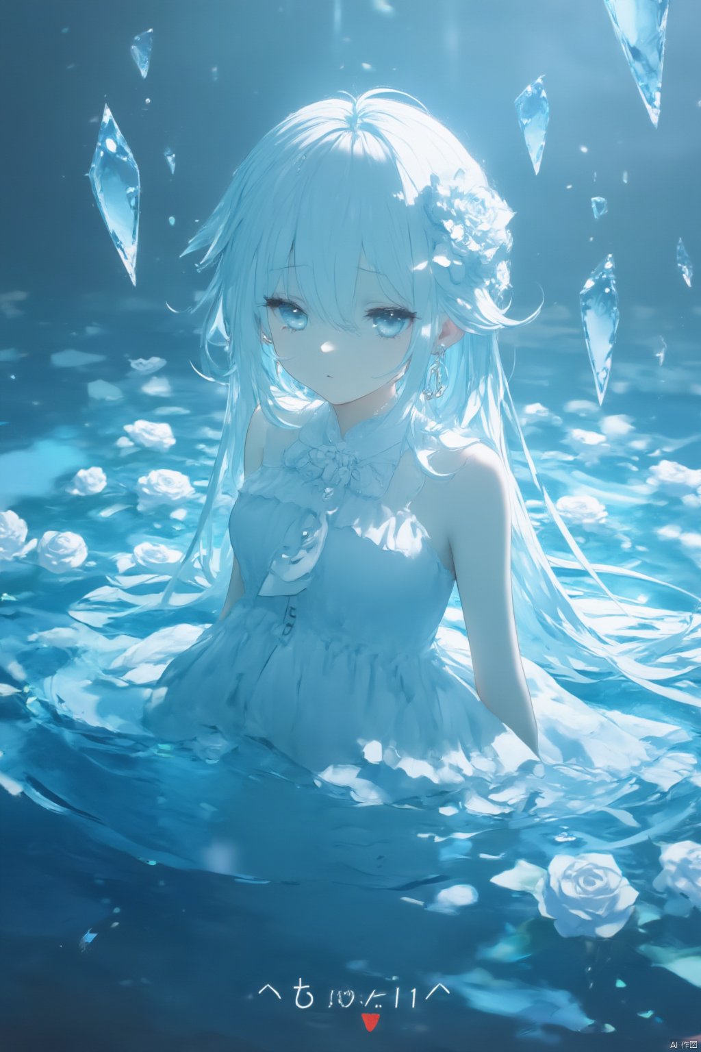 The image is an illustration of a young girl with long white hair and a flower crown on her head. She is wearing a white dress with a ruffled skirt and is standing in a body of water. The water is blue and there are several white roses floating around her. The girl is looking off to the side with a peaceful expression on her face. In the background, there are multiple blue diamonds falling from the sky. The overall mood of the image is serene and dreamy.