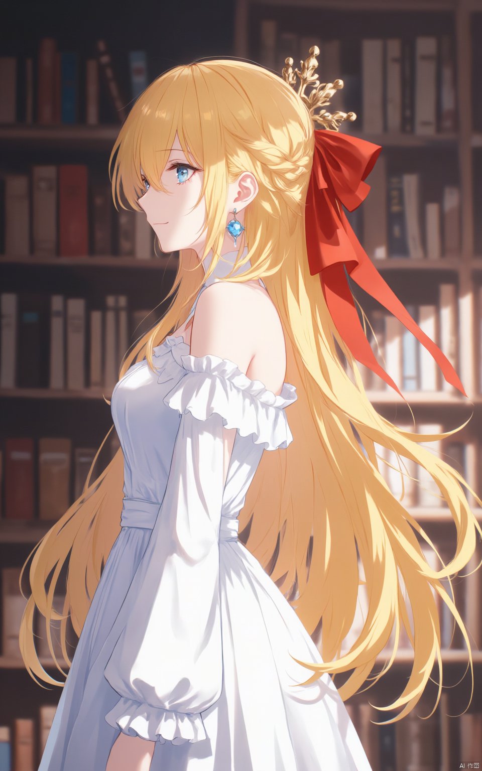 1girl, bare_shoulders, blonde_hair, blue_eyes, book, bookshelf, bow, braid, breasts, crown, detached_sleeves, dress, earrings, from_side, indoors, jewelry, long_hair, long_sleeves, medium_breasts, profile, red_bow, solo, very_long_hair, white_dress, wide_sleeves