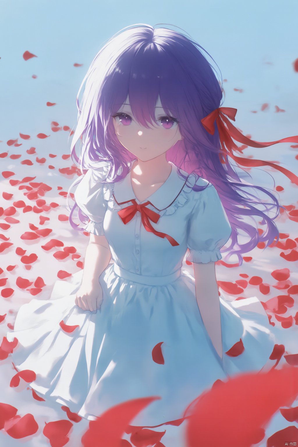 The image is an illustration of a young girl with long purple hair and a red bow in her hair. She is wearing a white dress with a red ribbon tied around her neck. The dress has a high neckline and short sleeves. The girl is sitting on a bed of red rose petals that are scattered around her. She has a serious expression on her face and is looking off to the side. The background is a light blue color. The overall mood of the image is romantic and dreamy.