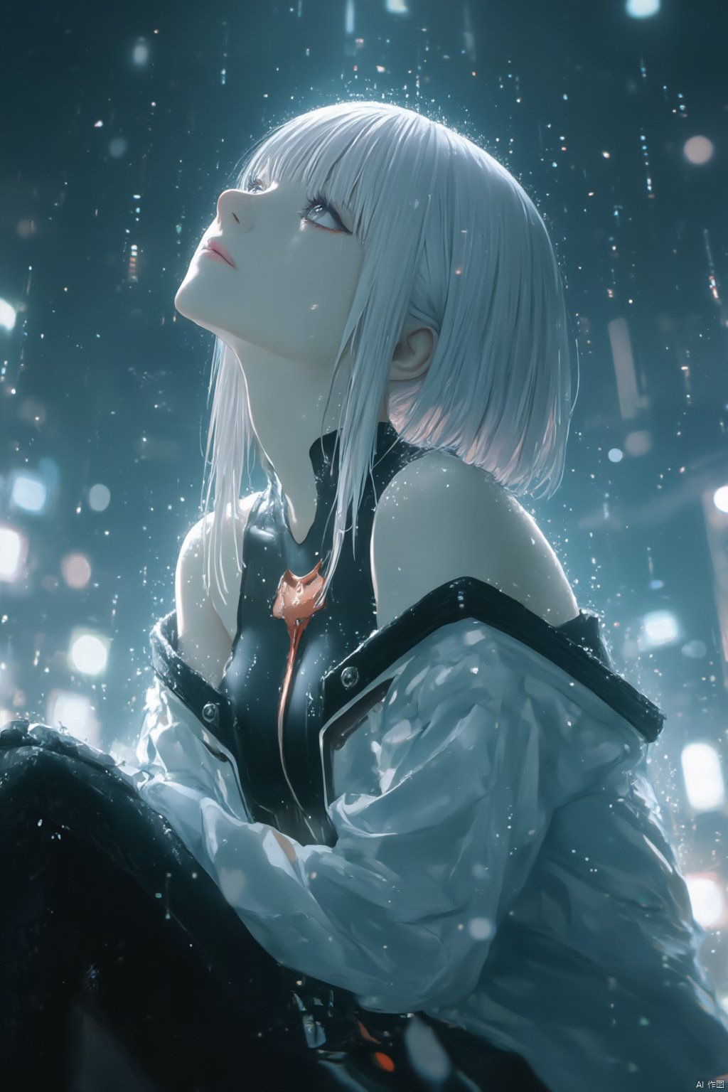 The image is an illustration of a young girl with long white hair and bangs, sitting on a bench in the rain. She is wearing a white jacket with a red and black design on the chest and black pants. The background is a cityscape with buildings and lights, and the sky is filled with raindrops. The girl is looking up towards the sky with a peaceful expression on her face. The overall mood of the image is calm and serene.