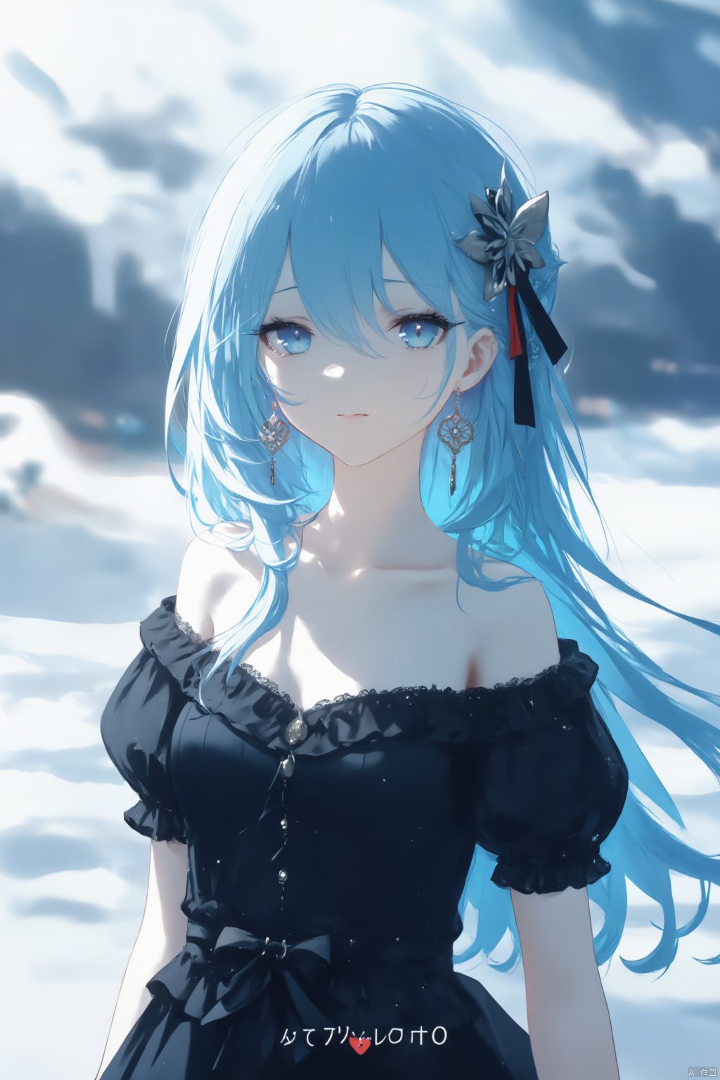 The image is a digital illustration of a young girl with long blue hair. She is wearing a black dress with a white collar and a black bow at the waist. Her hair is styled in loose waves and falls over her shoulders. She has a pair of earrings and a small flower in her hair. The background is blurred, but it appears to be a snowy landscape with trees and mountains in the distance. The girl is looking off to the side with a serious expression on her face. The overall mood of the image is peaceful and serene.