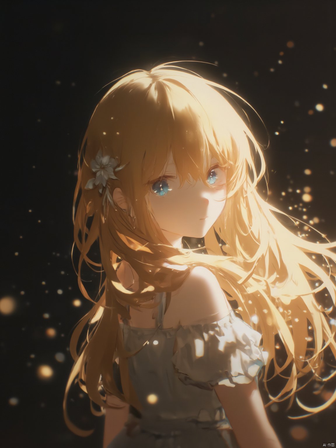 The image is a digital illustration of a young girl with long blonde hair and blue eyes. She is facing away from the viewer, with her head tilted slightly to the side. Her hair is styled in a half-up, half-down ponytail with a small white flower in the center. The background is dark and blurred, with small gold dots scattered throughout. The overall mood of the image is dreamy and ethereal.