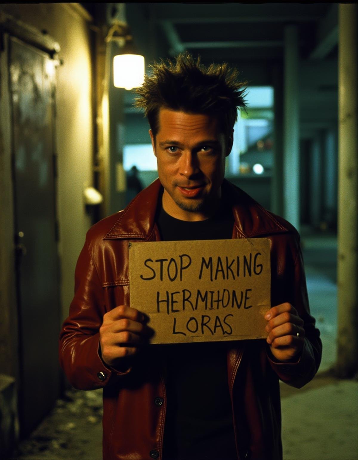 <lora:Tyler Durden - FIGHT CLUB - Brad PItt:0.95> DRD Tyler Durden from Fight Club, standing in a gritty urban alley at night, holding a hand-lettered cardboard sign that reads "STOP MAKING HERMIONE LORAS." Tyler's face is lit by the dim, flickering light of a nearby streetlamp, highlighting his mischievous grin and rugged features. His disheveled hair and iconic red leather jacket are prominently featured. The background shows the grimy walls of the alley, scattered debris, and faint graffiti, enhancing the gritty, underground atmosphere. The scene has a cinematic, neo-noir style with high contrast lighting, deep shadows, and a touch of grain for a raw, intense mood. A slight tilt from a low camera angle emphasizes Tyler's presence and the rebellious tone of the message.