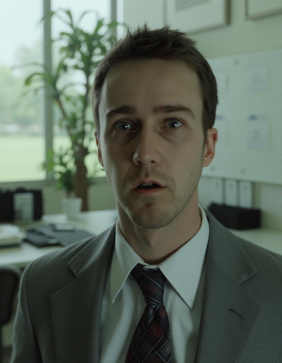 <lora:Jack Narrator - FIGHT CLUB - Edward Norton:1> TOK in an office building with a disgusted expression