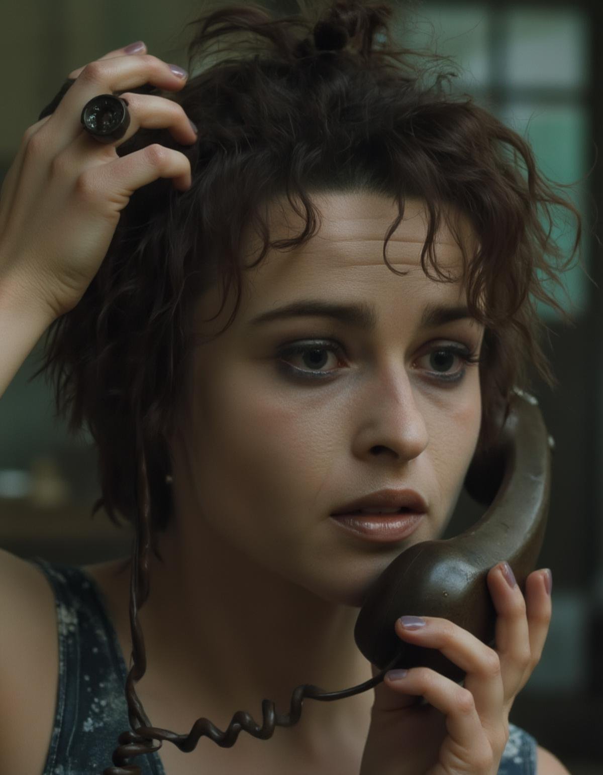 <lora:Marla Singer - FIGHT CLUB - Helena Bonham Carter:1>MRLA woman holding an old telephone