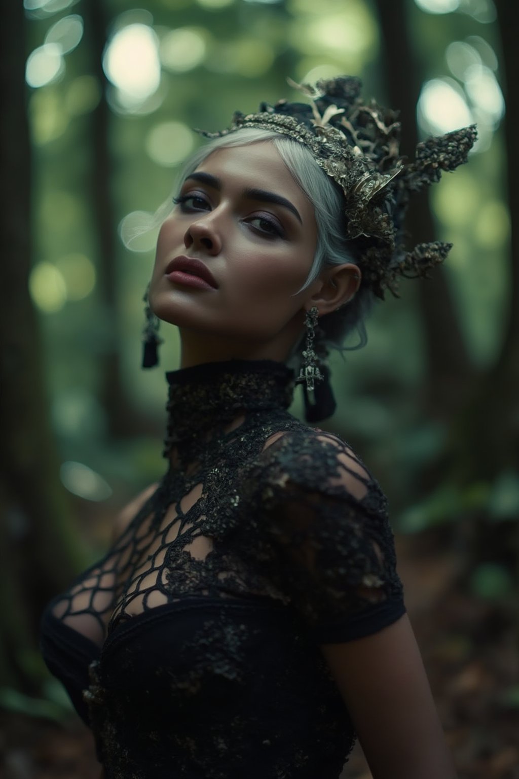 A stylish girl, white skin, extreme realistic, sexy,The image is captured using a Fujifilm cinematic camera, with dramatic cinematic lighting enhancing the deep shadows and bright highlights. The scene is shot with a wide aperture, creating a shallow depth of field that blurs the forest background, making her the clear focal point. The camera angle is low, looking slightly upwards to give her an empowering, larger-than-life presence. The textures of the costume and her skin are rendered in high definition, with the soft, natural lighting adding a dreamlike quality to the image.,Girl25yo