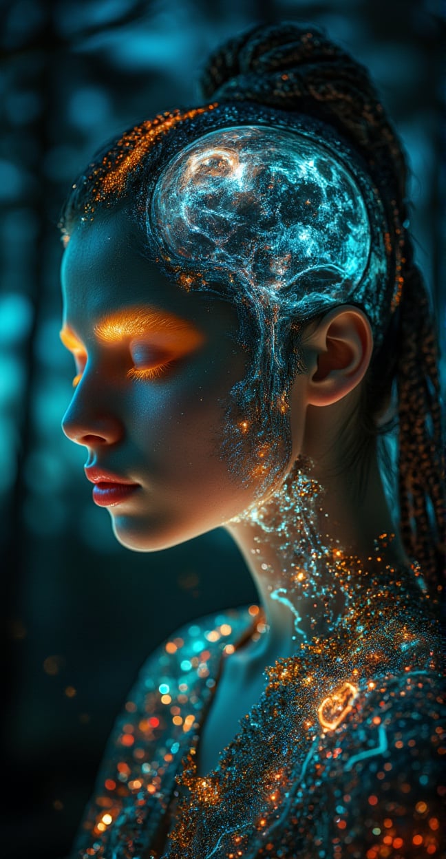 A close-up shot frames the girl's face, her features serene in a surreal, moon-kissed hairstyle where cosmic fluids swirl like an X-ray within her skull. The top glows softly with an otherworldly light, as neon-lit contours encase this 5D superposition. In the background, a dark mystical forest emerges, blending eerie botany and black-gold accents with starry night skies, creating an unusual beauty in this double-exposed portrait.