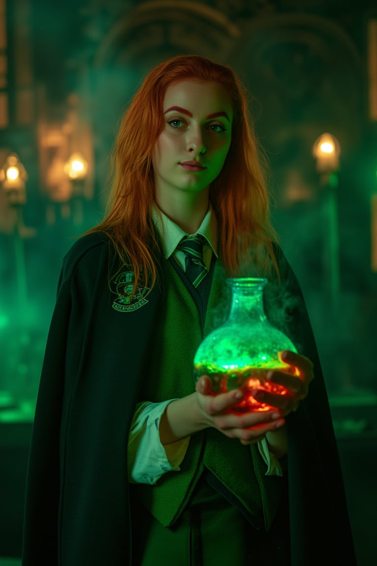 Hogwarts Slytherin woman student with potions in her hands with Hogwarts potions class on background, 8k quality. Green shades, her school uniform is skirt, green vest with long black and green cloak with Slytherin sign, brown eyes, red hair, the image must be striking and high impact, magic photo style, the woman should have an elegant and cunning appearance, green glow from her potions, the background must be dark and magic, night and magic atmosphere, the image must have 8k resolution and a high level of detail, full body,