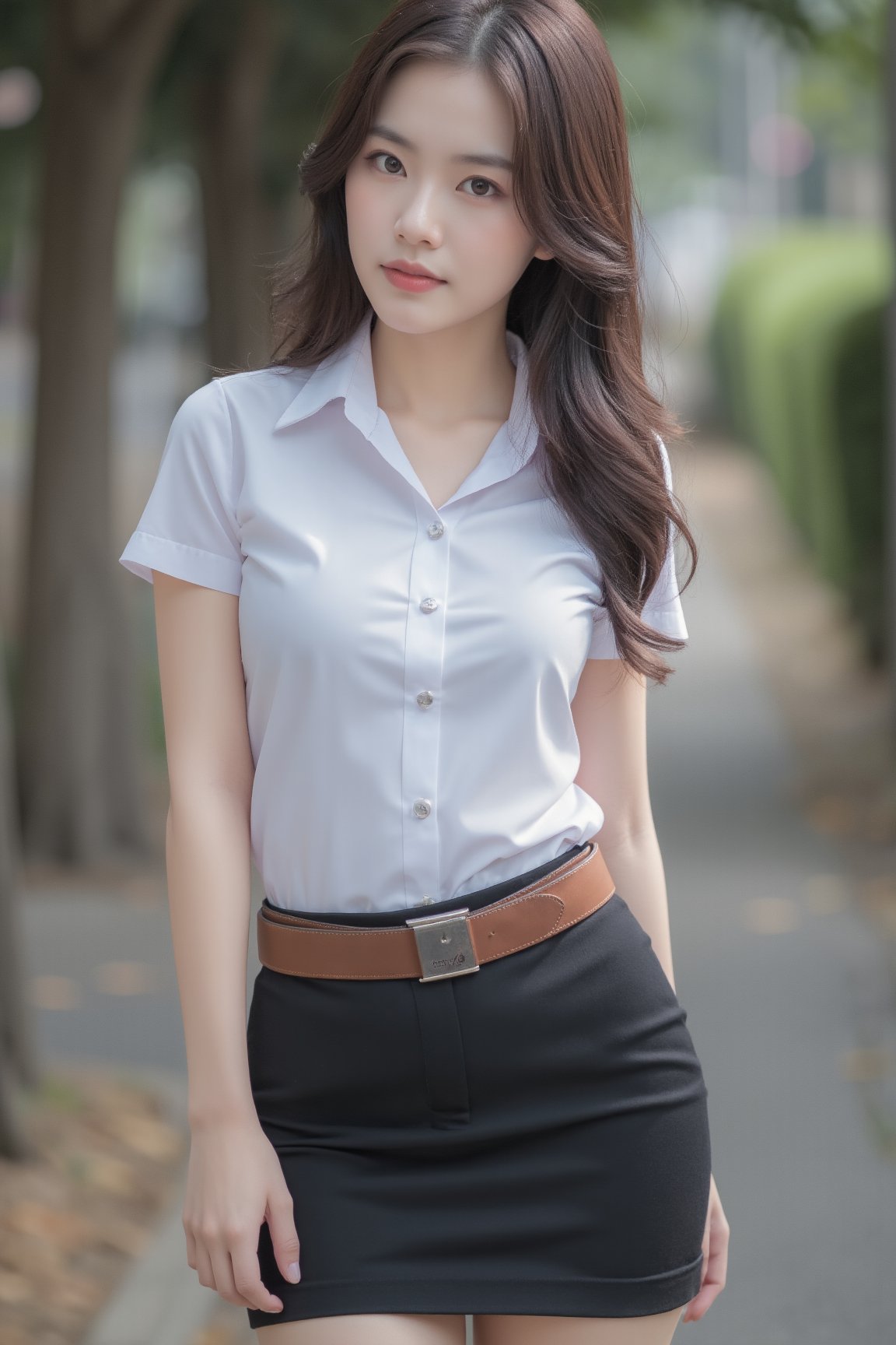 Portrait of Thai girl, sexy, perfect body shape, brown curl hair, beautiful,Mahalai uniform,white short sleeve shirt,short black pencil skirt,brown belt 