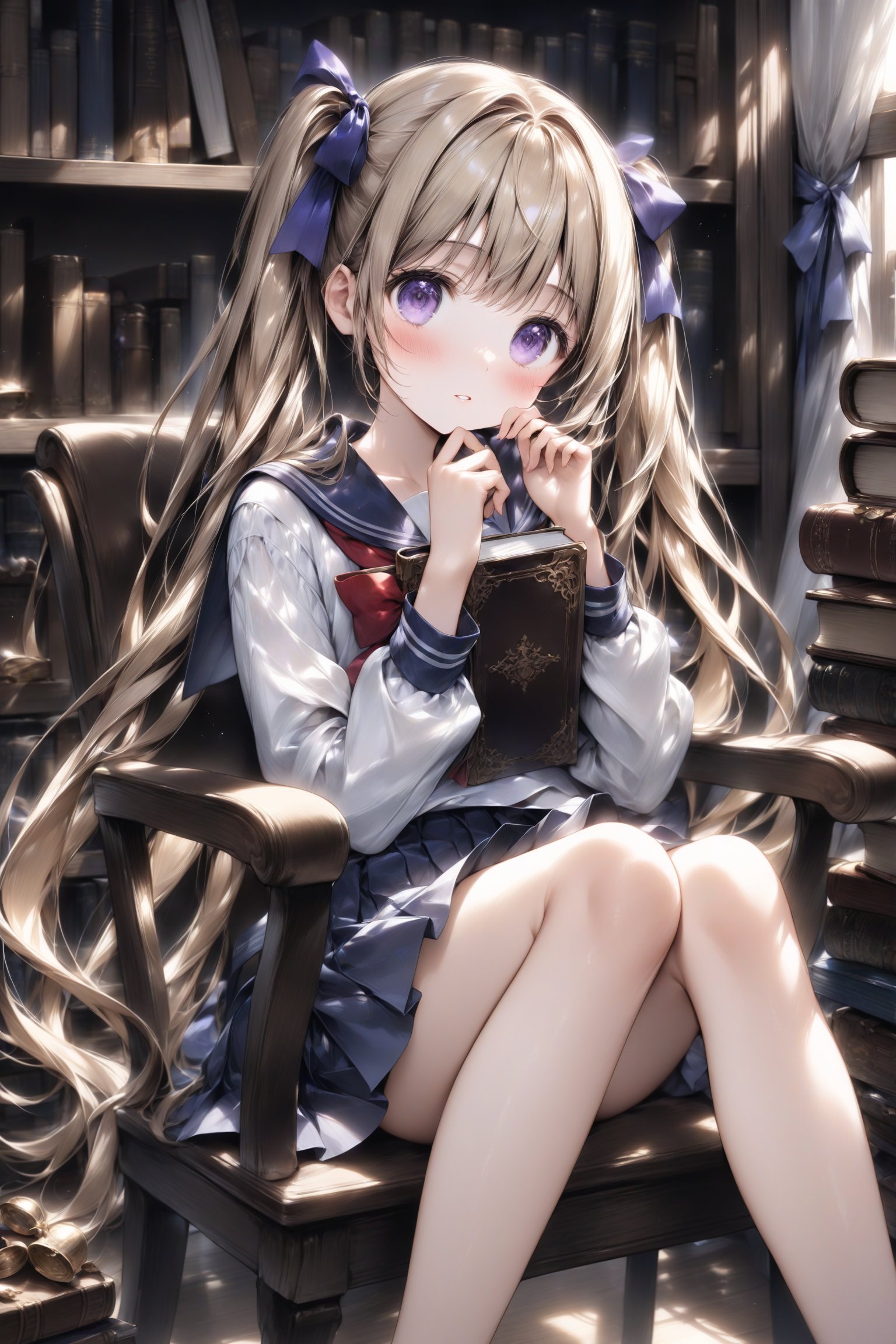 A serene scene unfolds as the girl with blonde and brown twintails sits comfortably in a chair, surrounded by a warm, soft lighting. Her long hair cascades down her back, partially framing her blushing face. She gazes directly at the viewer, her parted lips and purple eyes drawing attention. A ribbon adorns her bangs, and her pleated skirt flows around her ankles. The sailor collar and bow tie add a touch of whimsy to her school uniform. Her hands hold a book, while her feet dangle out of frame, as she sits in front of a bookshelf filled with treasures.
