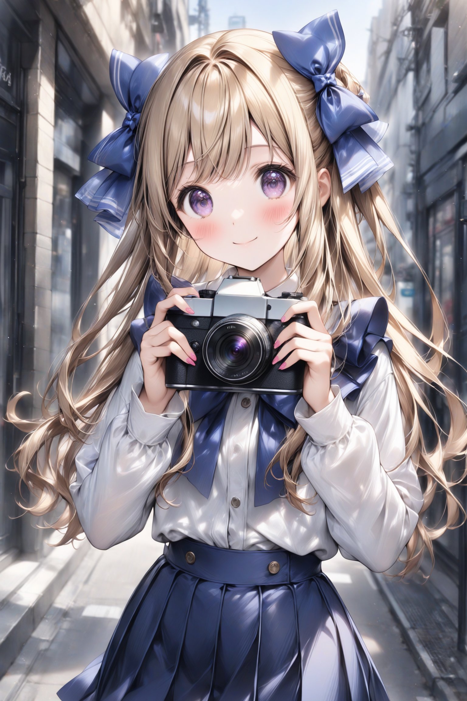 1girl, solo, long hair, looking at viewer, blush, smile, bangs, skirt, blonde hair, shirt, long sleeves, bow, holding, closed mouth, standing, purple eyes, white shirt, upper body, hair bow, pleated skirt, outdoors, nail polish, blue skirt, hands up, blue bow, pink nails, camera, holding camera