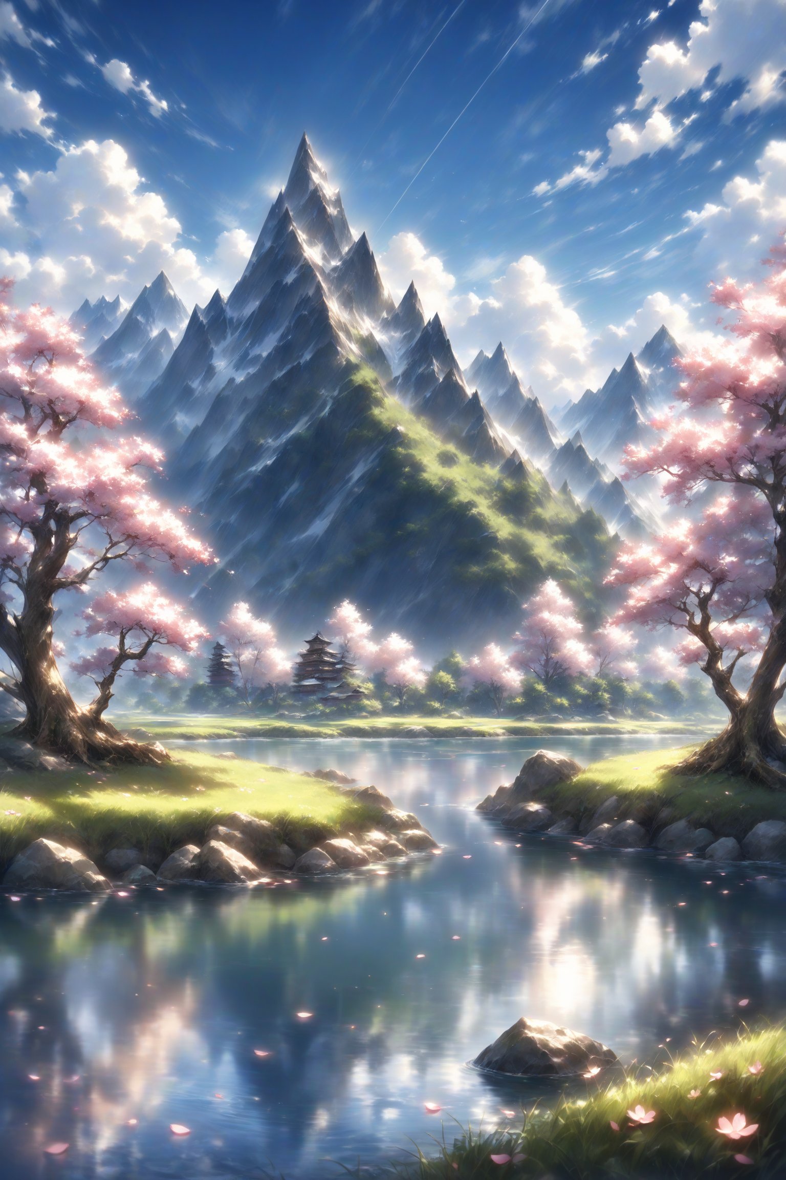 A serene outdoor scene unfolds: a bright blue sky stretches above a tranquil landscape. A gentle breeze rustles the delicate cherry blossom branches, their pink petals reflected perfectly in the calm water's surface. In the distance, a majestic mountain range rises, its rugged peaks softened by the soft focus of the atmosphere. A lone tree stands sentinel beside the riverbank, its roots exposed as the grassy slope meets the lake's edge. The cloud-dotted sky above casts a warm glow on this peaceful retreat, where nature reigns supreme.