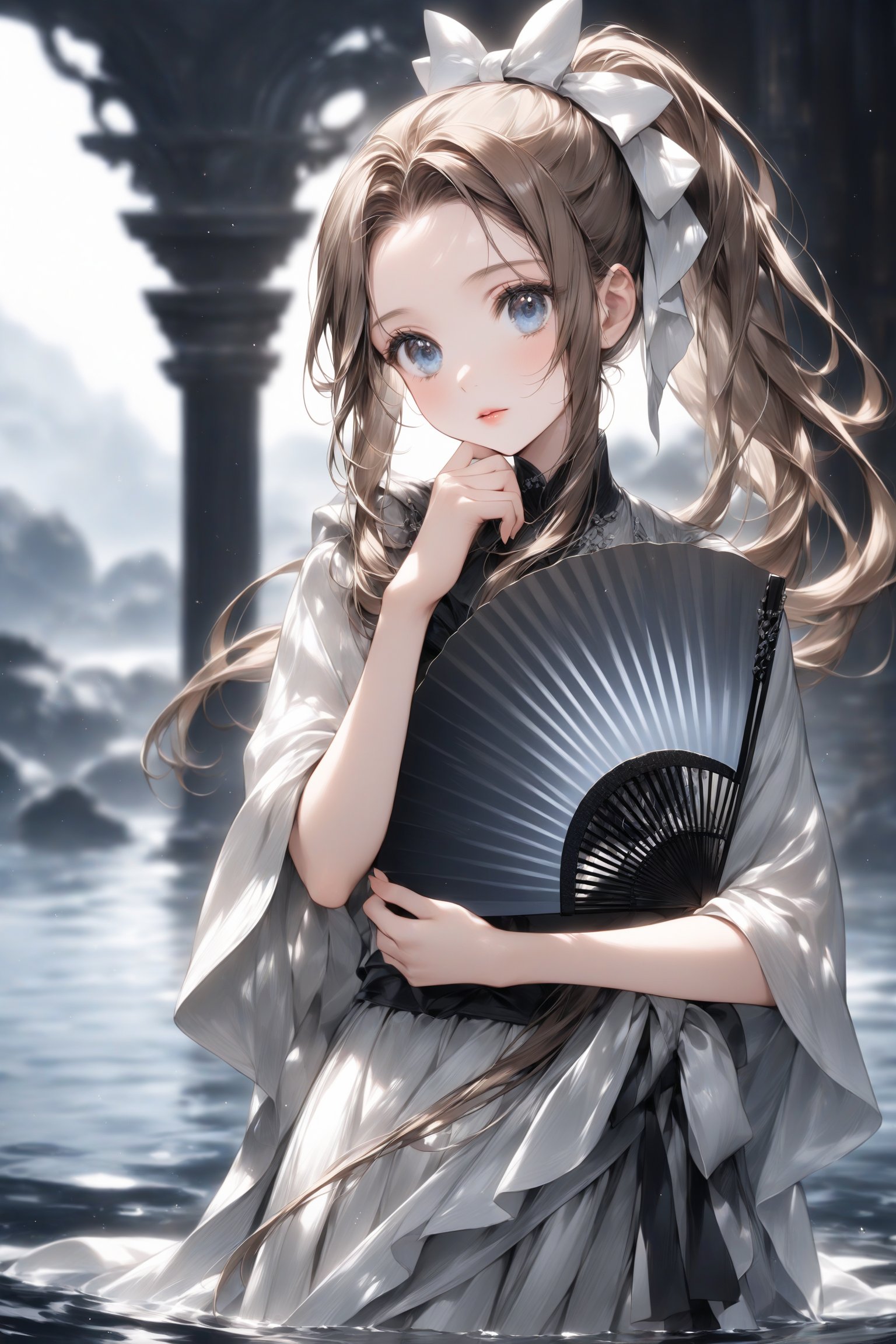 A anime girl stands in front of a body of water. She is dressed in a white and gray outfit, adorned with a white ribbon and a bow on her head. Her long brown hair is pulled back in a ponytail, adding a touch of warmth to her face. Her eyes are a piercing blue, and her lips are a darker shade of red. Her hand is draped in a black fan, with a design of white swirls on it. The fan is held in her right hand, with her left hand resting on her hip. The background is blurred, creating a sense of depth and composition.