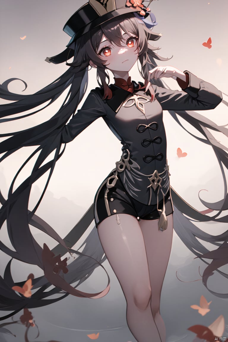 hutao,(masterpiece),(best quality),illustration,ultra detailed,hdr,1girl,hair rings, solo,petite, long hair, very long hair, absurdly long hair, barefoot, looking at viewer, symbol-shaped pupils, white hair, dress, bangs, green eyes, full body, breasts,cross-shaped pupils, hair ornament, white hair, green hair, gradient hair, white dress, hutao (genshin impact)