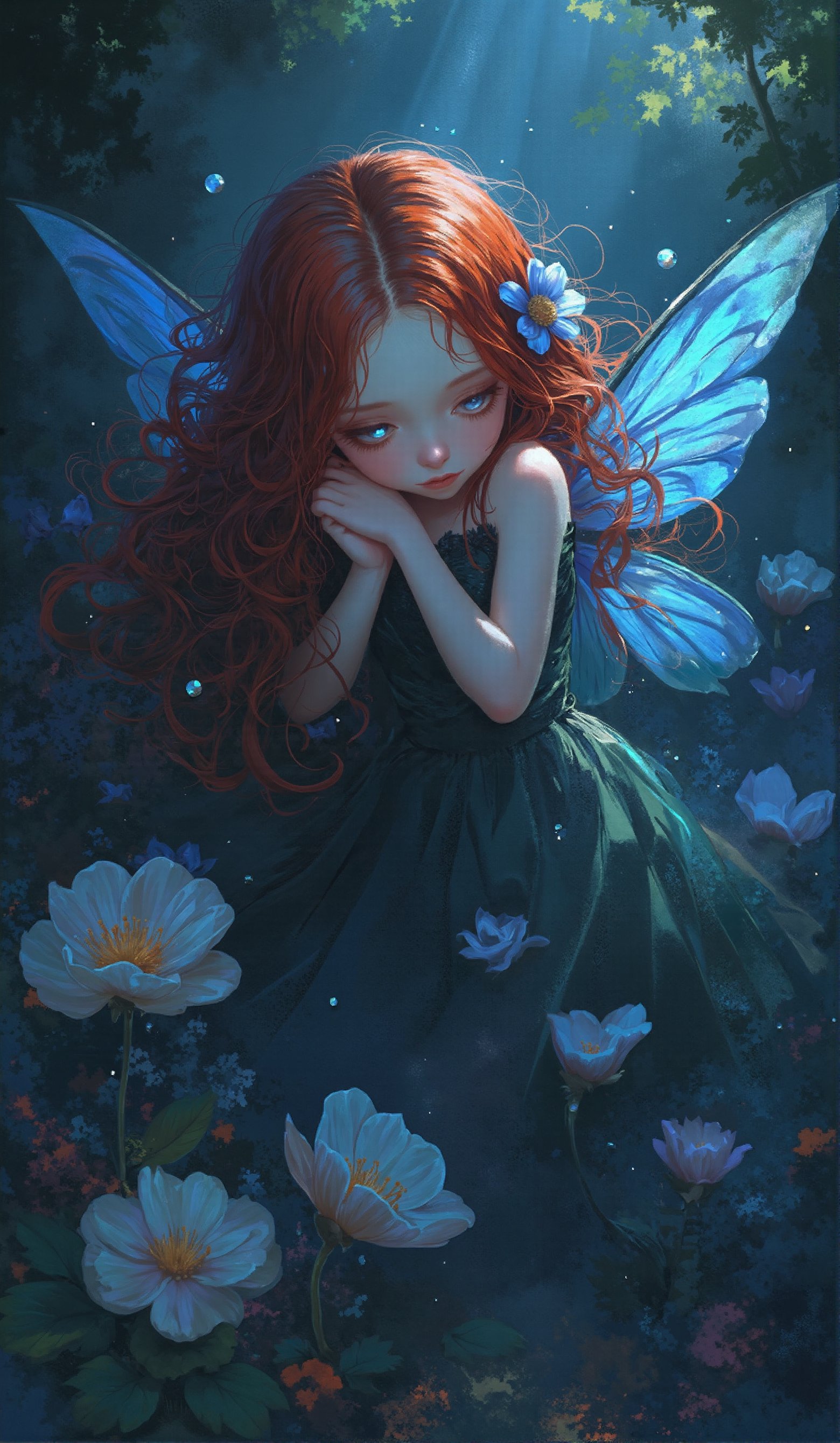 Young  fairy Flowergirl   dreaming pose covered by flowerrs mysterious aspect, many details, vintage , double exposure water drops, made of tiny dots  macrorealism surreal,  visible brushstrokes  extremely cute tiny chibi holographic pastel  soft blues    glowing transparent bioluminescen,  big detailed glowing eyes,  detailed face flowers, leaves,  fantasy ,  by [Anton Semenov | Carl Rungius | Ivan Rabuzin | Ed Emshwiller] cinematic, 32k,  sunbeams , ultra highly detailed, dynamic intricated pose,  luminous unusual delicate fog, highly detailed, intricated, intricated pose, oil painting, thick strokes, masterpiece, high quality, centered, perfect compositionDigital painting, Highly detailed, Concept art, Artstation, Intricate, Sharp Focus,  Surrealism, Surreal art, Surreal, Artwork by DasAbra,Auguste Renoir ~ Paul Peel ~ John Singer Sargent ~ Alexandre-Jacques Chantron ~ John William Godward ~ John William Waterhouse ~ Han-Wu Shen ~ Ishitaka Amano ~ Chakrapan Posayakrit ~ Kim Jung Gi ~ Kei Mieno ~ Ikushima Hiroshi ~ WLOP ~ William-Adolphe Bouguereau ~ Alphonse Mucha ~Luis Royo ~ Range Murata ~ Jock Sturges photography ~ David Hamillton photography ~ Rustic Sketchbook Style, Sketch Book, Hand Drawn, Dark, Gritty, Realistic Sketch, Rough Sketch, Mix of Bold Dark Lines and Loose Lines, Bold Lines, On Paper, Turnaround Character Sheet, Natural Light, Dynamic, Highly Detailed, Watercolor Painting, Watercolor Paper, Artstation, Concept Art, Smooth and Crisp, Sharp Focus, Illustration, Goth girl,sparkles,in the style of vargas,PTAIWcomic,RHAngel