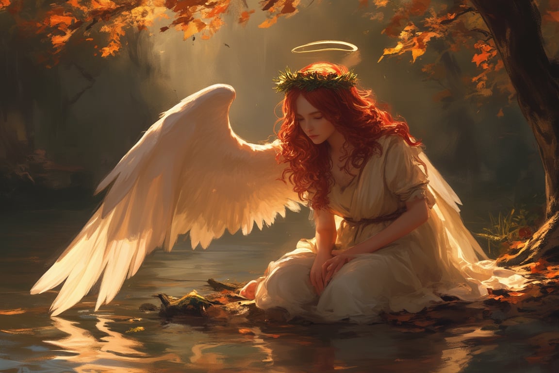 (hyper realism), beautiful angel sit on the river bank in the autumn, (water reflection), ancient greek  outfit, laurel wreath, wavy hair, bow head, her hand enjoy the water. peacefull, tranquil, artistic.
Best quality, masterpiece, 8k, uhd, ultra detail