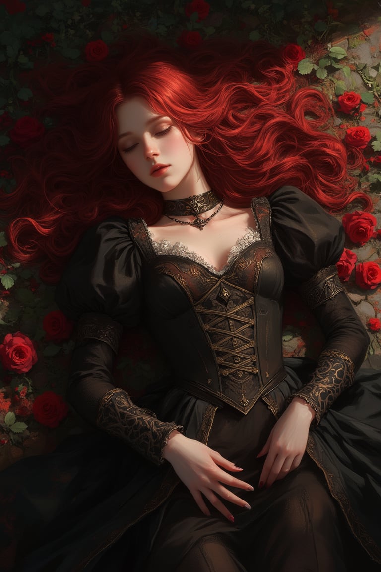 Young woman, (upper body:1.3), medieval theme, dark gothic, intricate outfit, detailed outfit, gothic ren dress, (collar bones:1.2), choker, lying, close eyes, sleeping beauty, high angle, view from above, sunlight, beautiful flowers on the ground, (red rose:1.3), natural light, soft shadow, cinematic angle, RHAngel