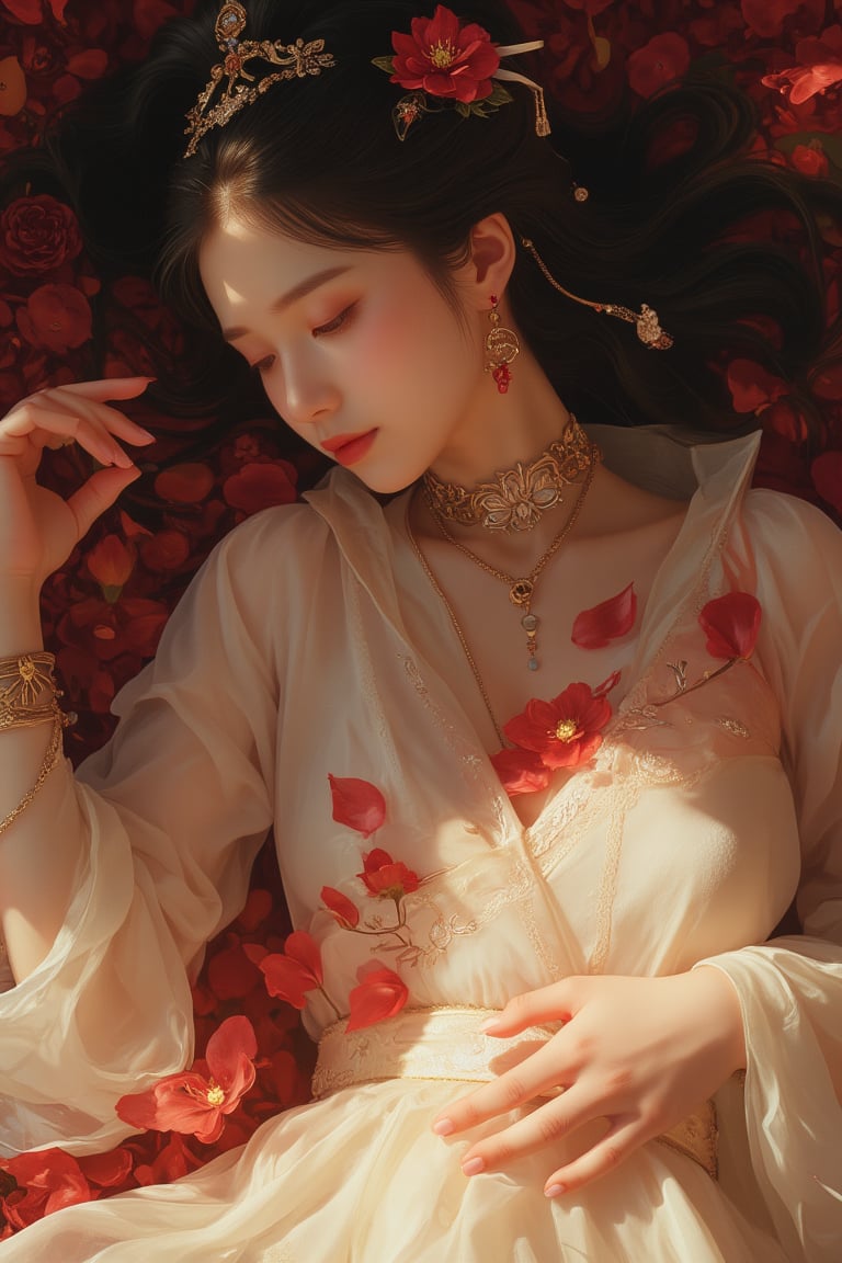 Photorealistic, cinematic, (side light:1.3), close up portrait, a woman, lie, (hand on chest:1.2), petals, rose decoration, whitw ren dress, veil, hair ornament, intricate carving jewelry, choker, ribbons, necklace, bracelet, jewelry headband, soft shadow, KOLNB,Hanfu,RHAngel