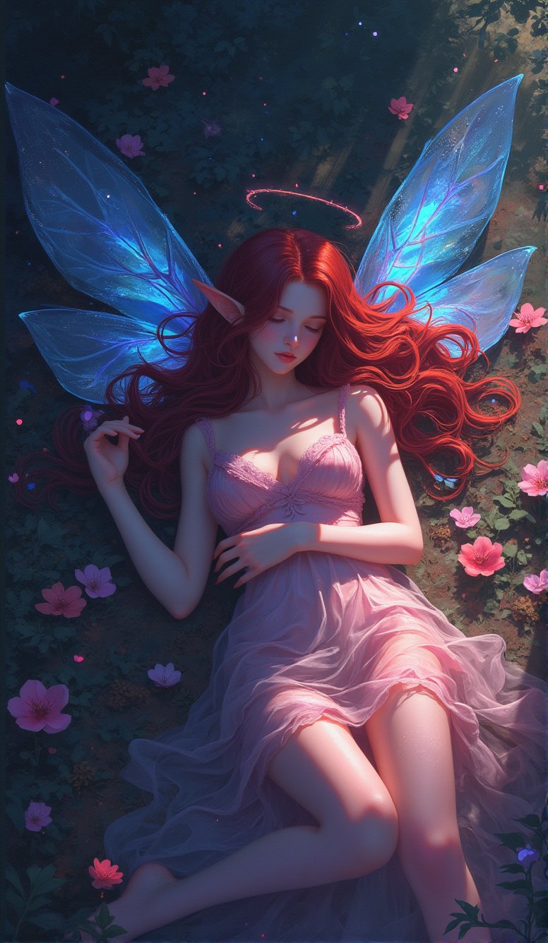 Sexy woman, hot body, lie on ground, (fairy wings), elf ear, dreaming pose covered by flowerrs mysterious aspect, many details, vintage , double exposure water drops, made of tiny dots  macrorealism surreal,  visible brushstrokes  extremely cute tiny chibi holographic pastel  soft blues    glowing transparent bioluminescen,  big detailed glowing eyes,  detailed face flowers, leaves,  fantasy ,  by [Anton Semenov | Carl Rungius | Ivan Rabuzin | Ed Emshwiller] cinematic, 32k,  sunbeams , ultra highly detailed, dynamic intricated pose,  luminous unusual delicate fog, highly detailed, intricated, intricated pose, oil painting, thick strokes, masterpiece, high quality, centered, perfect compositionDigital painting, Highly detailed, Concept art, Artstation, Intricate, Sharp Focus,  Surrealism, Surreal art, Surreal, Highly Detailed, Artstation, Concept Art, Smooth and Crisp, Sharp Focus, Illustration, sparkles,RHAngel