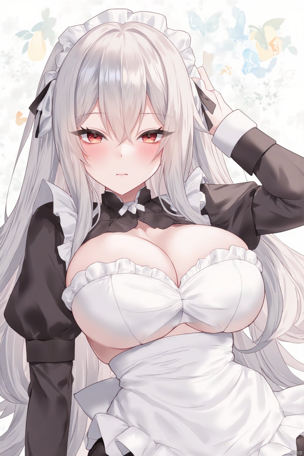 1girl, maid outfit, maid headdress, solo, realistic, breasts, big breasts,maid,See through maid,irohams,TT