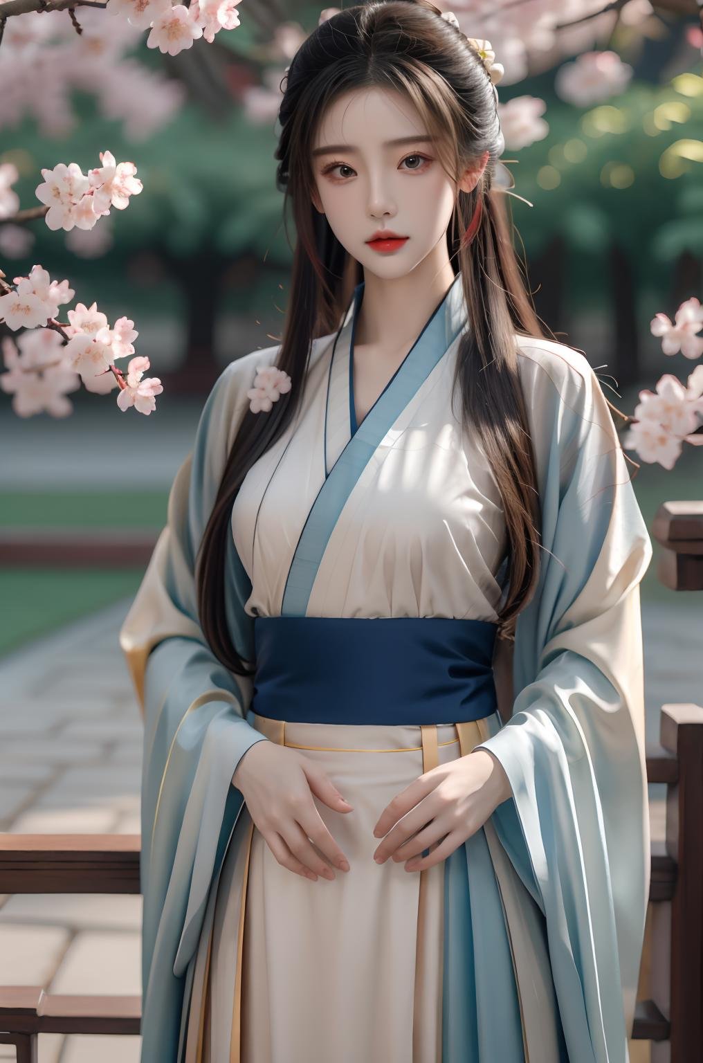 masterpiece,best quality,ultra detailed,photorealistic,1 girl,hip up,solo,hanfu,cherry blossoms,qqmix,<lora:qqmix1:0.7>,