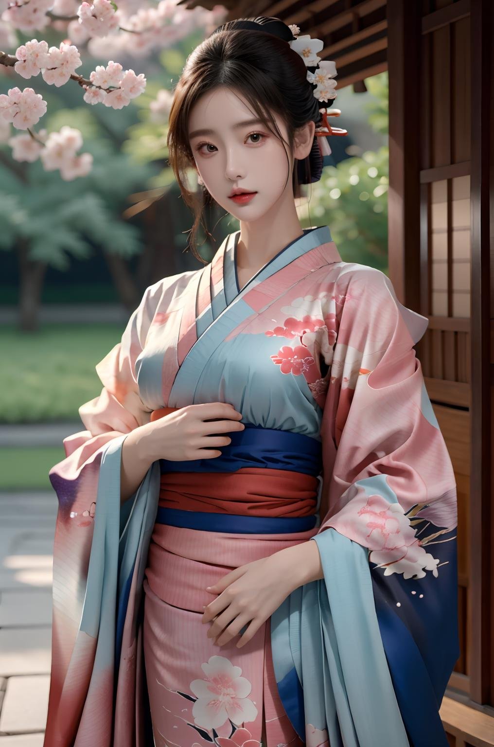 masterpiece,best quality,ultra detailed,photorealistic,1 girl,hip up,solo,kimono,cherry blossoms,qqmix,<lora:qqmix1:0.7>,