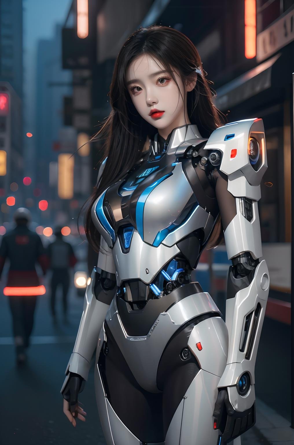 masterpiece,best quality,ultra detailed,photorealistic,1 girl,hip up,solo,mecha body,robot joints,neon night city,qqmix,<lora:qqmix1:0.7>,