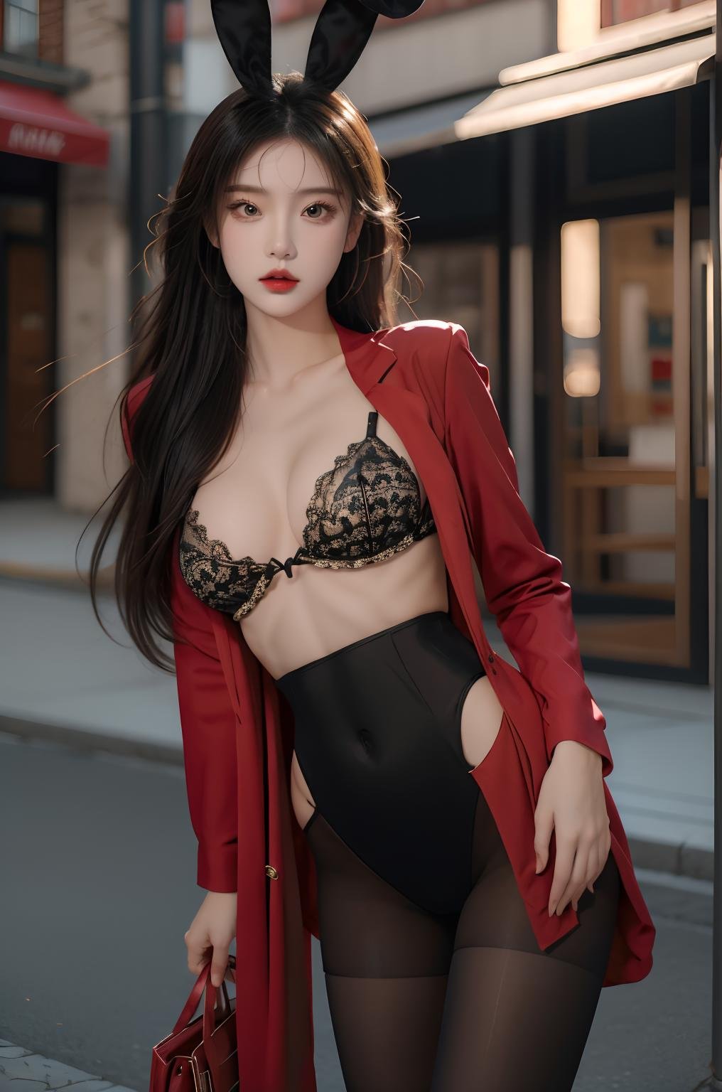 masterpiece,best quality,ultra detailed,photorealistic,1 girl,hip up,solo,bunny suit,red suit,fishnets pantyhose,qqmix,<lora:qqmix1:0.7>,