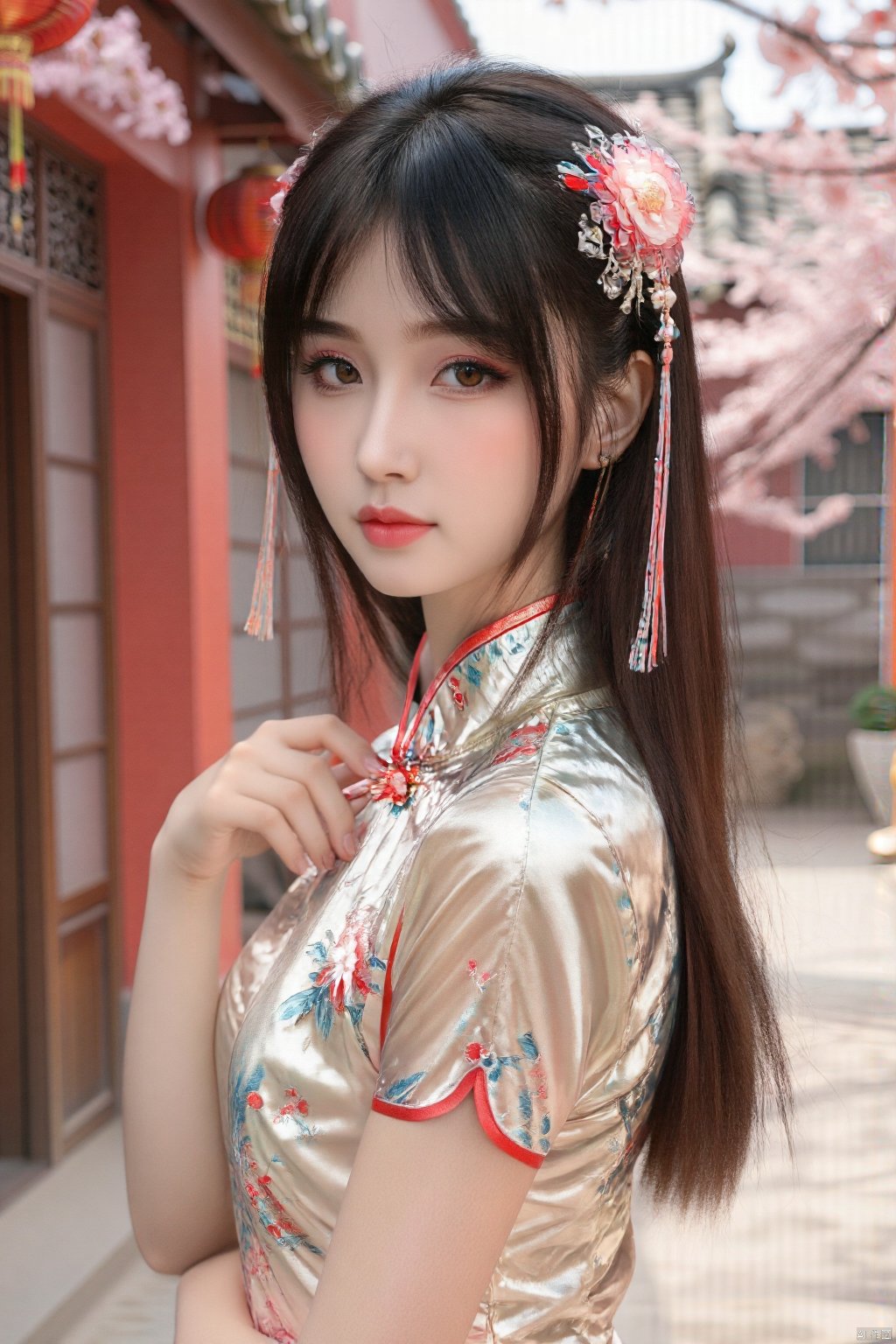 (global illumination, reality,ray tracing, HDR, unreal rendering, reasonable design, high detail, masterpiece,best quality, ultra high definition, movie lighting),
1girl,outdoor,looking_at_viewer,side_blunt_bangs,china_dress,chinese_style,big breasts,pose,solo,1girl,black hair,black eyes, qipao