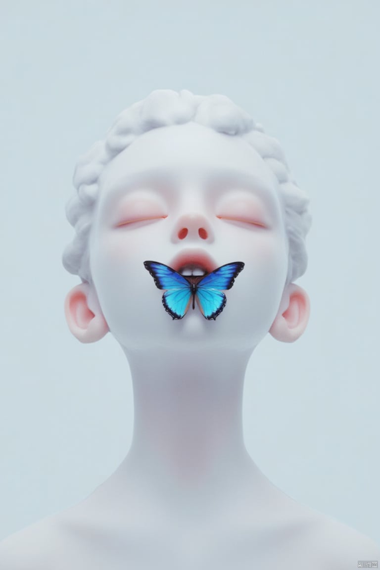 raw textured professional photography by Martin Deschambault and Alessio Albi, serene beautiful albino woman with a electric blue butterfly standing on her mouth, closed eyes, white background, photorealistic, 8k, natural lighting, HDR, high resolution, shot on IMAX Laser, intricate details, amazing skin details