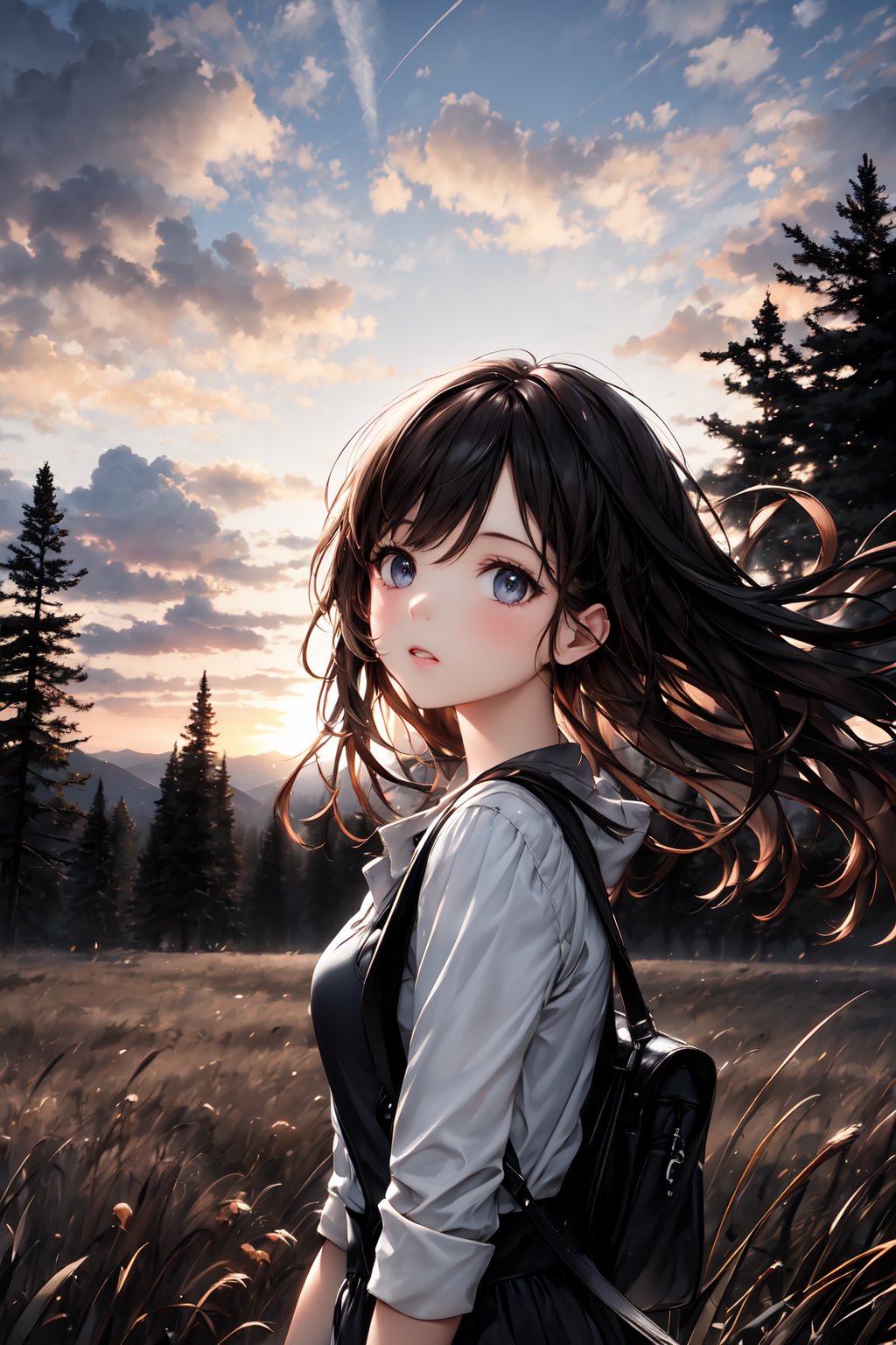 beautiful landscape, sunset, plain, girl watching at sunset, beautiful clouds, beautiful sky, detailed image, beautiful trees, stunning image, perfect use of light, ballad lighting, wind. Detailed