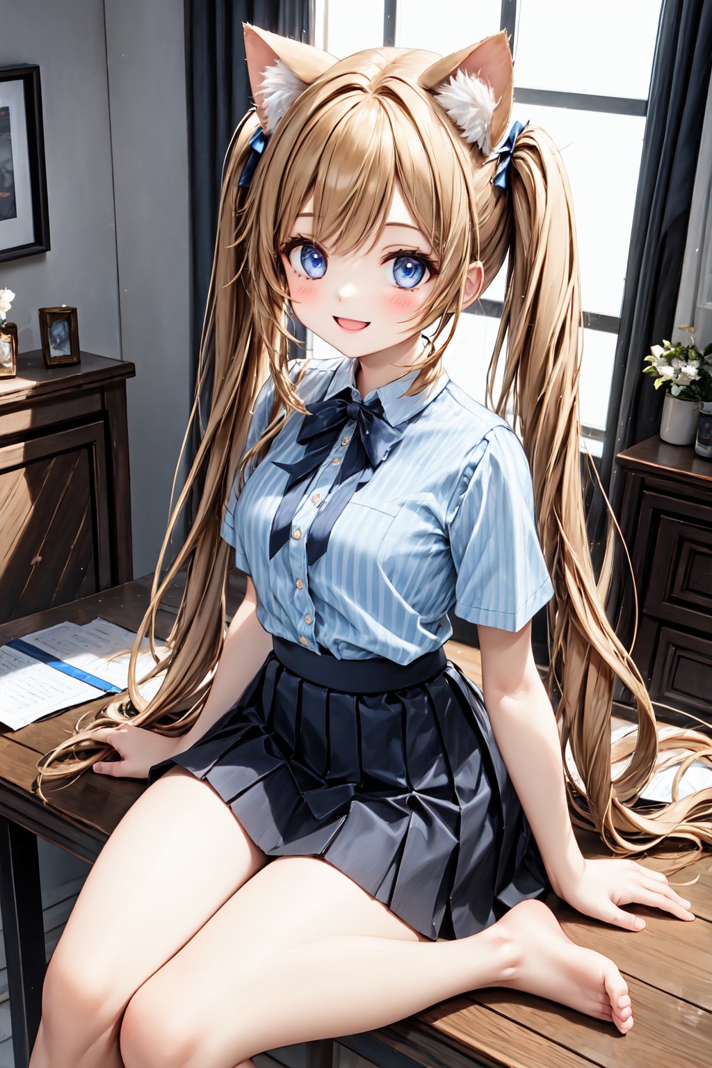 1girl, cute cat girl, room in background. she wears a light blue outfit (shirt, skirt), long blonde hair. little body, full body character. masterpiece. she is happy, smiling. twintails hairstyle, masterpiece, hearts on the sides. cat ears. looking at viewer, sitting over a table, Detailed