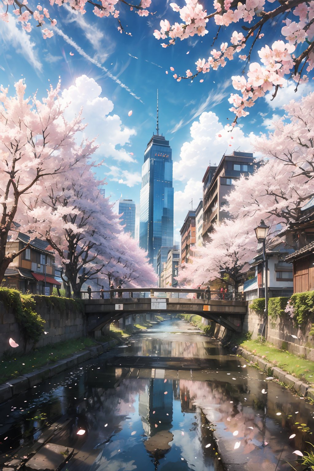 outdoors, sky, day, cloud, water, tree, blue sky, petals, no humans, grass, cherry blossoms, building, scenery, reflection, city, car, cityscape, bridge, river, skyscraper