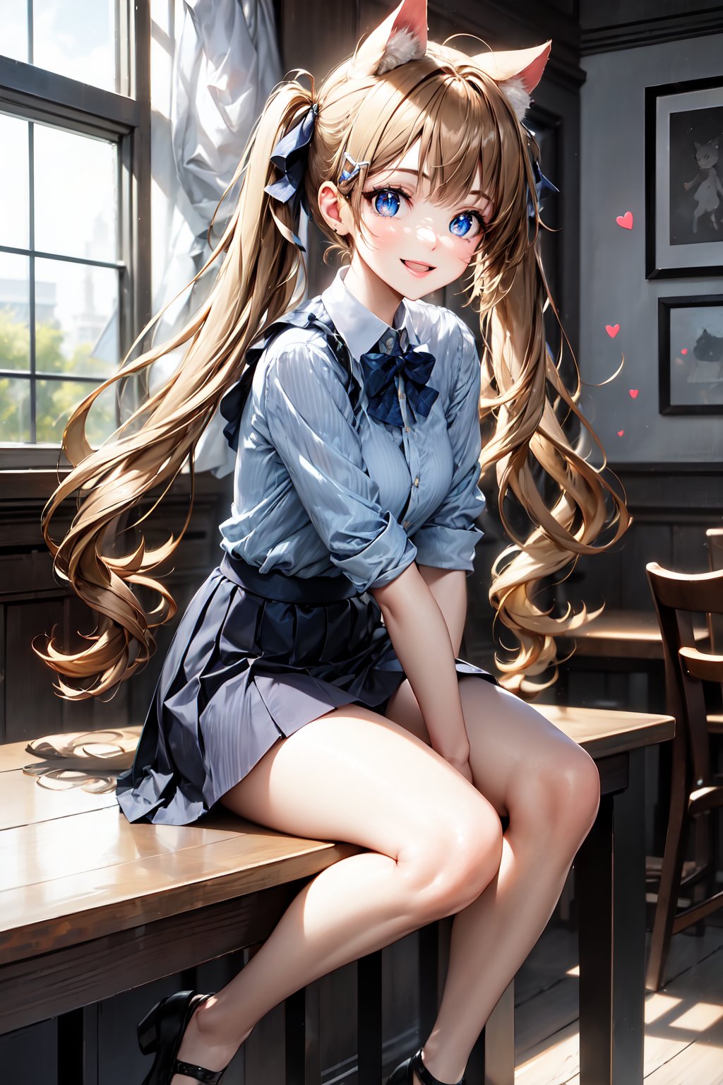 1girl, cute cat girl, room in background. she wears a light blue outfit (shirt, skirt), long blonde hair. little body, full body character. masterpiece. she is happy, smiling. twintails hairstyle, masterpiece, hearts on the sides. cat ears. looking at viewer, sitting over a table, Detailed