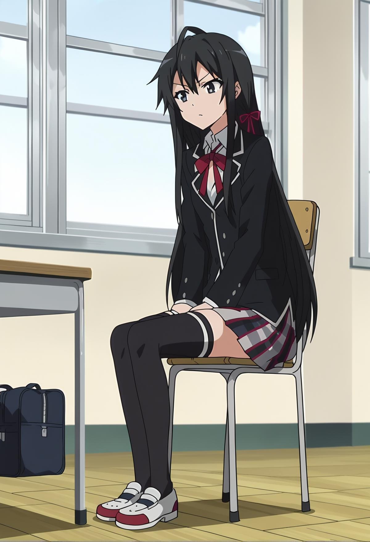 score_9, score_8_up, score_7_up, source_anime, anime screencap, BREAK<lora:shiYukinoS1:1>, shiyukino, anime screencap, 1girl, solo, long hair, black hair, ribbon, sitting, very long hair, school uniform, shoes, black thighhighs, black eyes, red ribbon, zettai ryouiki, black jacket, window, chair, blazer, desk, sobu high school uniform