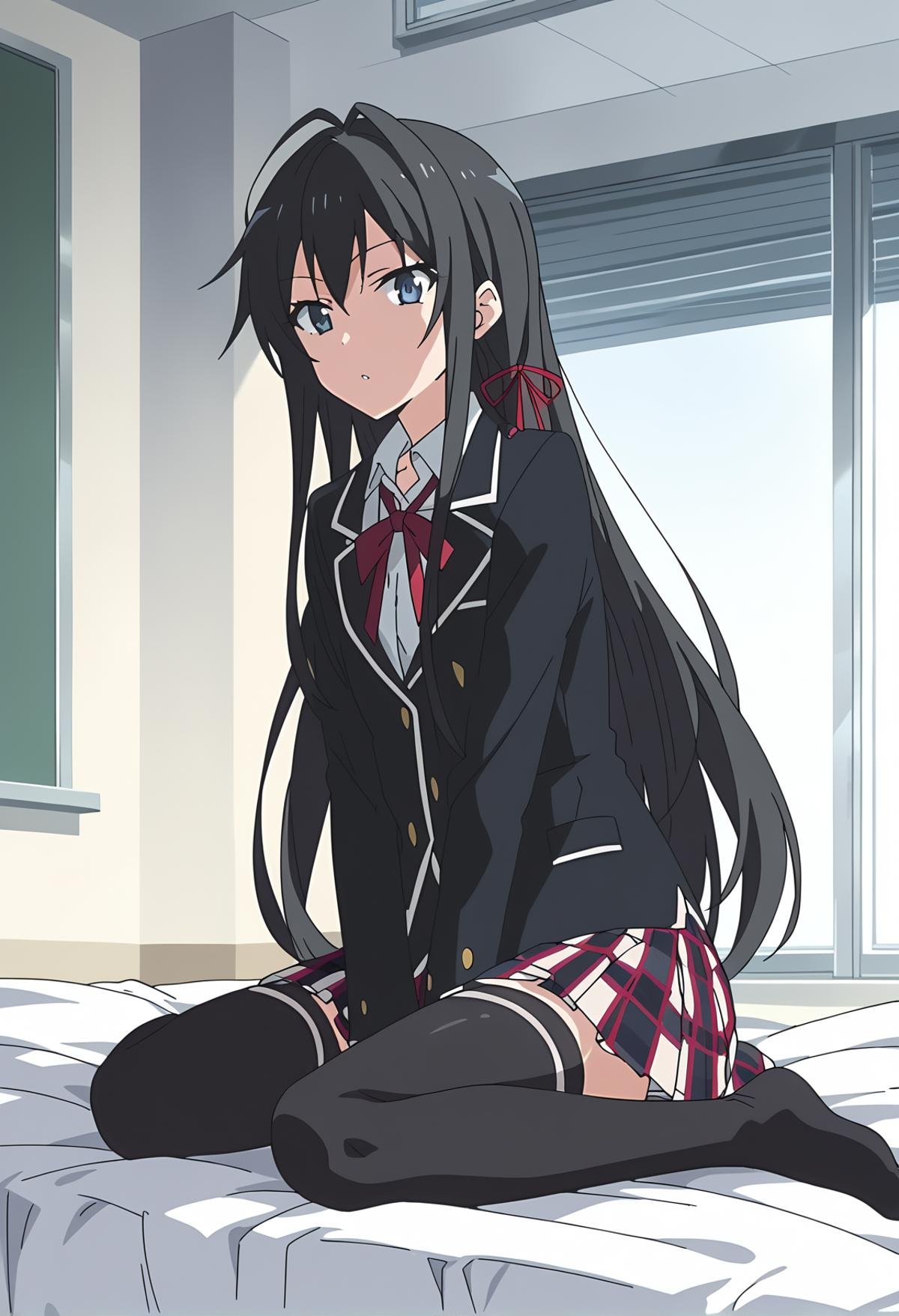 score_9, score_8_up, score_7_up, source_anime, anime screencap, anime coloring, BREAK1girl, solo, <lora:shiYukinoS1:1>, shiyukino, long hair, black hair, blue eyes, ribbon, school uniform, hair ribbon, black jacket, plaid skirt, blazer, sobu high school uniform, black thighhighs, indoors, bed, looking at viewer, 