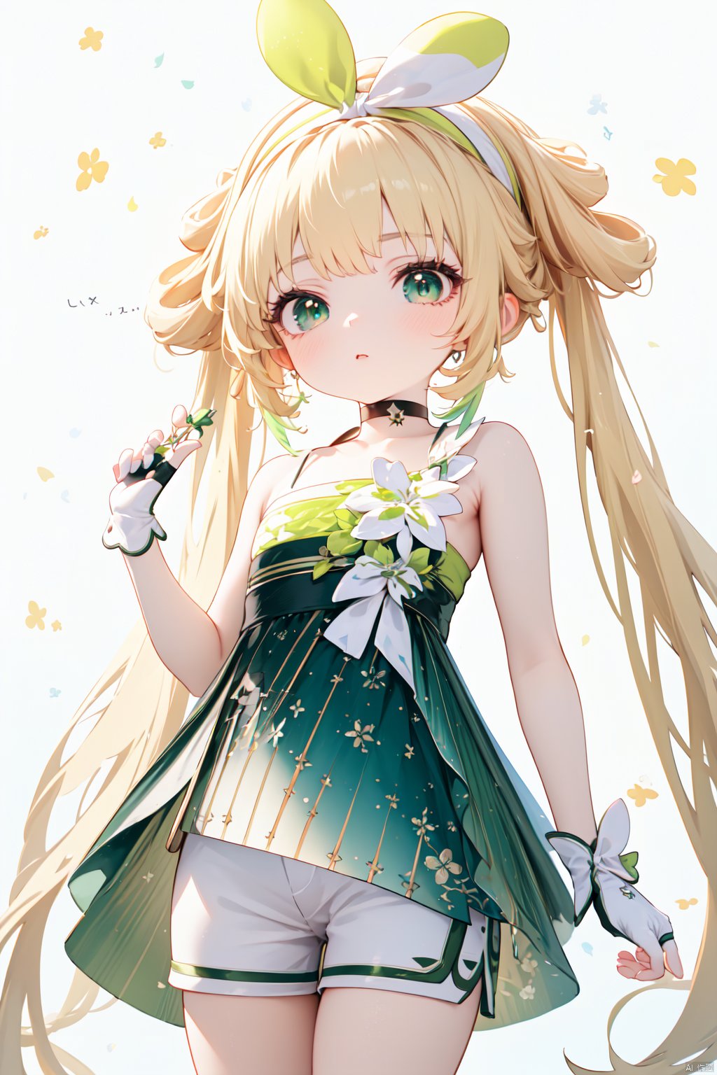 (score_9,score_8_up,score_7_up), (masterpiece),( beautiful),(high quality),(finely detailed),extremely detailed CG unity 8k wallpaper,best quality, 1girl, solo, long hair, looking at viewer, bangs, blonde hair, gloves, white background, dress, bow, bare shoulders, twintails, very long hair, green eyes, flower, cowboy shot, hairband, shorts, sleeveless, choker, white gloves, hand up, fingerless gloves, v, black choker, white flower, hair rings, green dress, white shorts, green ribbon, green hairband,verina,loli