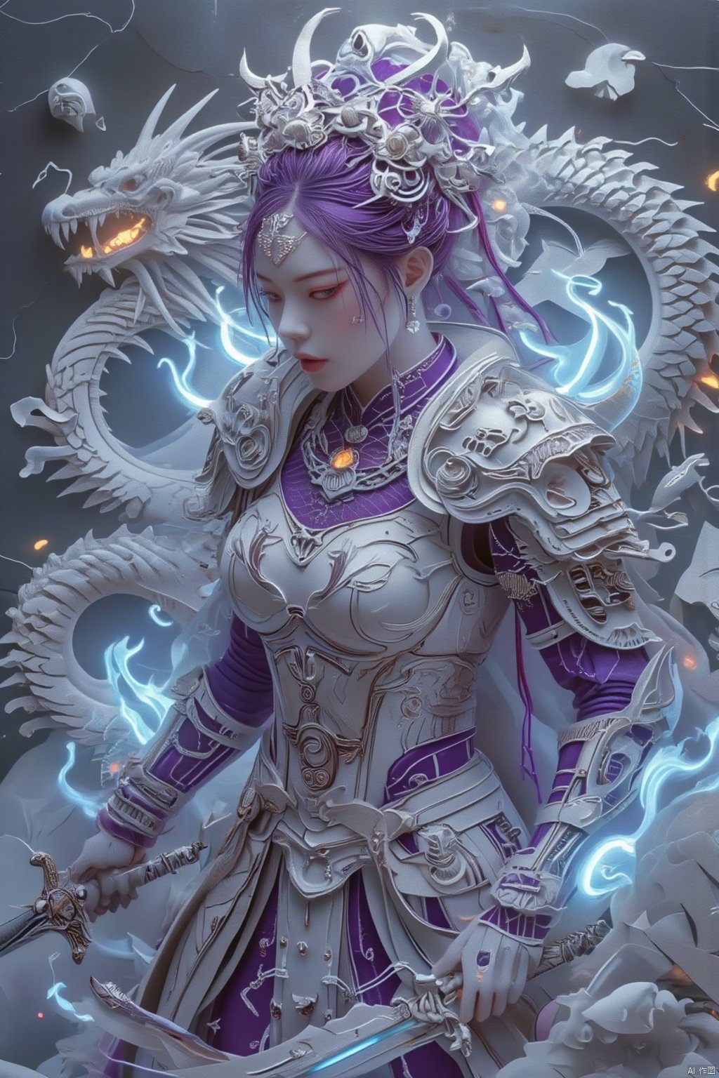 1 girl, Purple hair,Purple eyes,Glowing eyes,(Beautiful face), Lich King, undead swordsman, wearing armor decorated with skulls, burning blue flames all over her body, golden glowing eyes, slashing the sword in her hand, violent, angry and fierce, standing behind A broken skeleton dragon,guijian,armor,Xguang, headless,tifa,edgdeathknight
