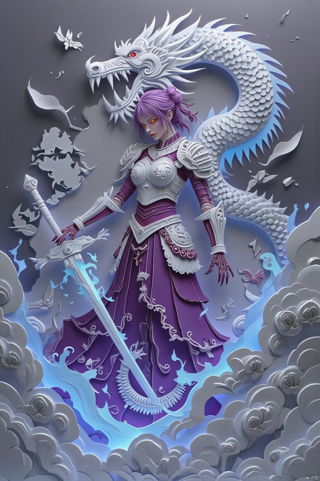 1 girl, Purple hair,Purple eyes,Glowing eyes,(Beautiful face), Lich King, undead swordsman, wearing armor decorated with skulls, burning blue flames all over her body, golden glowing eyes, slashing the sword in her hand, violent, angry and fierce, standing behind A broken skeleton dragon,guijian,armor,Xguang, headless,tifa,edgdeathknight
