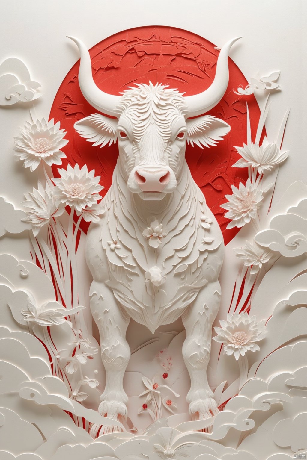 solo, flower, horns, cloud, no humans, traditional media,Bull,Animal