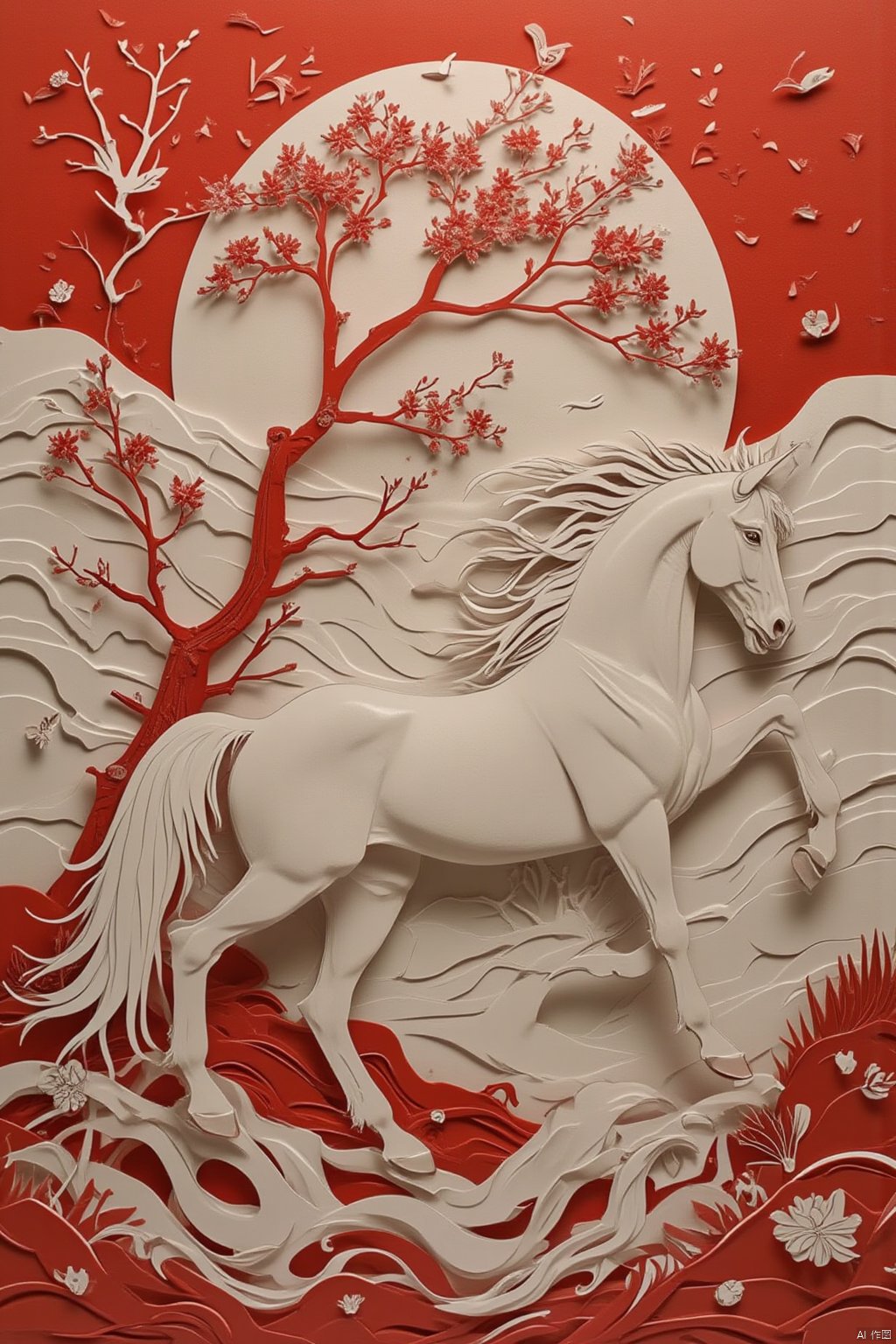 solo, red eyes, flower, horns, tree, no humans, moon, single horn, branch,horse