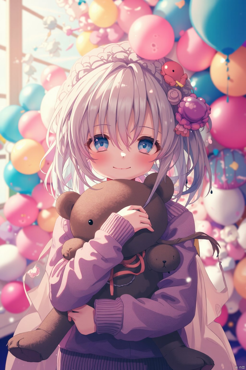 A whimsical scene unfolds: a girl with a mesmerizing mix of pink, white, and multicolored hair, adorned with braids and bangs, gazes directly at the viewer, her cheeks flushed. She wears a cozy sweater with sleeves that drape past her wrists, holding a teddy bear in an object hug. Her hands cradle the stuffed toy, as if sharing a secret. A balloon floats nearby, its vibrant colors contrasting with the girl's subtle smile, covered by her hand. The framing is tight, focusing attention on the girl's enchanting presence.