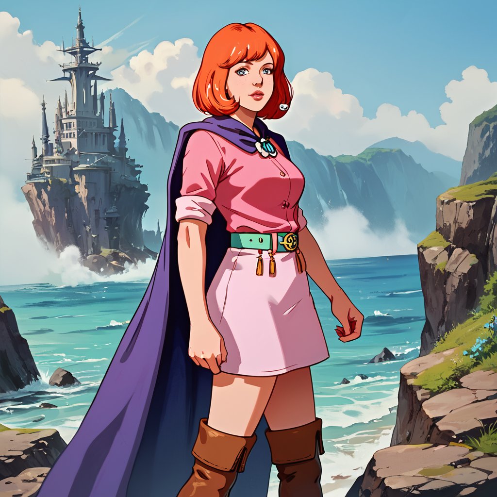 portrait, masterpiece, best quality, highly detailed, score_9, score_8_up, score_7_up, score_6_up, source_anime, outdoors, BREAK,SheilaThiefXLP, pink shirt, pink short skirt, purple cape,  boots, freckles, pale skin, orange short hair, lips, aquamarine belt, fantasy word,