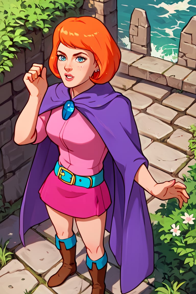 portrait, masterpiece, best quality, highly detailed, score_9, score_8_up, score_7_up, score_6_up, source_anime, outdoors, BREAK,SheilaThiefXLP, pink shirt, pink short skirt, purple cape,  boots, freckles, pale skin, orange short hair, lips, aquamarine belt, fantasy word, from above,