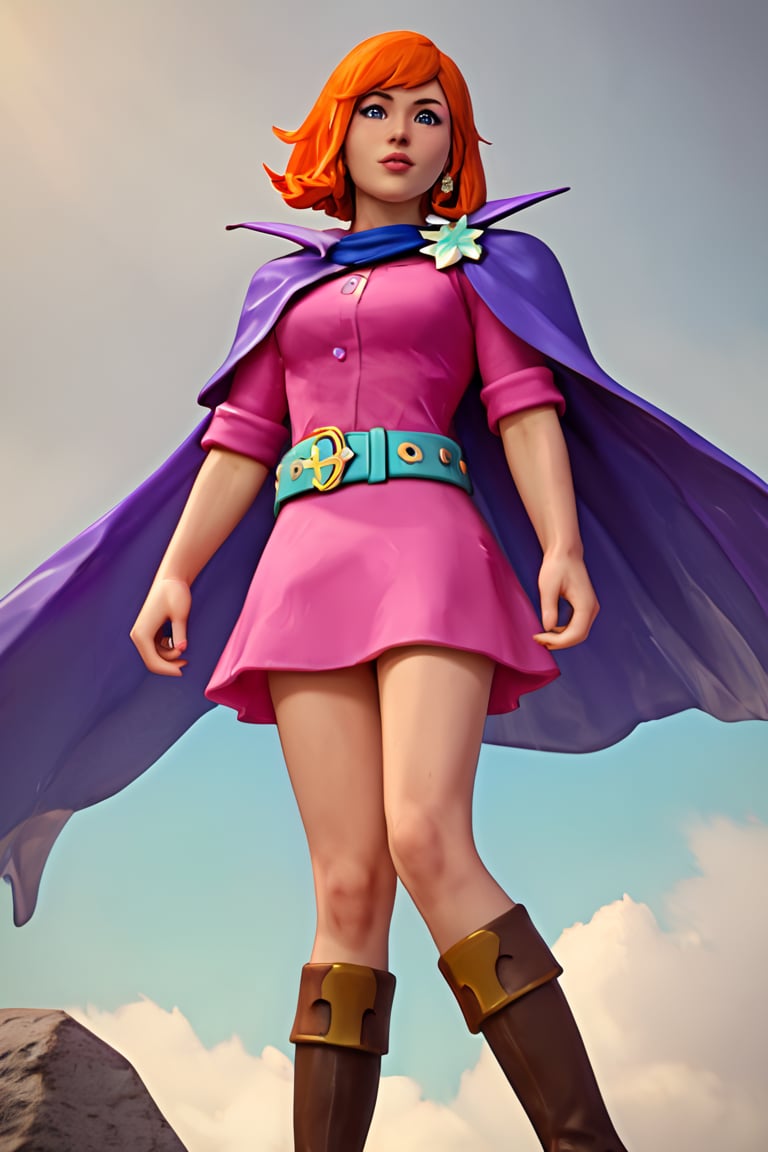 portrait, masterpiece, best quality, highly detailed, score_9, score_8_up, score_7_up, score_6_up, source_anime, outdoors, BREAK,SheilaThiefXLP, pink shirt, pink short skirt, purple cape,  boots, freckles, pale skin, orange short hair, lips, aquamarine belt, fantasy word, from below,