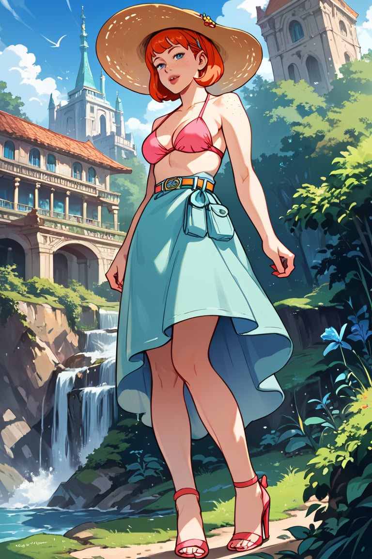 masterpiece, best quality, highly detailed, score_9, score_8_up, score_7_up, score_6_up, source_anime, outdoors, BREAK,SheilaThiefXLP, pink bikini, high heels, freckles, pale skin, orange short hair, lips, aquamarine belt, fantasy word, from below,