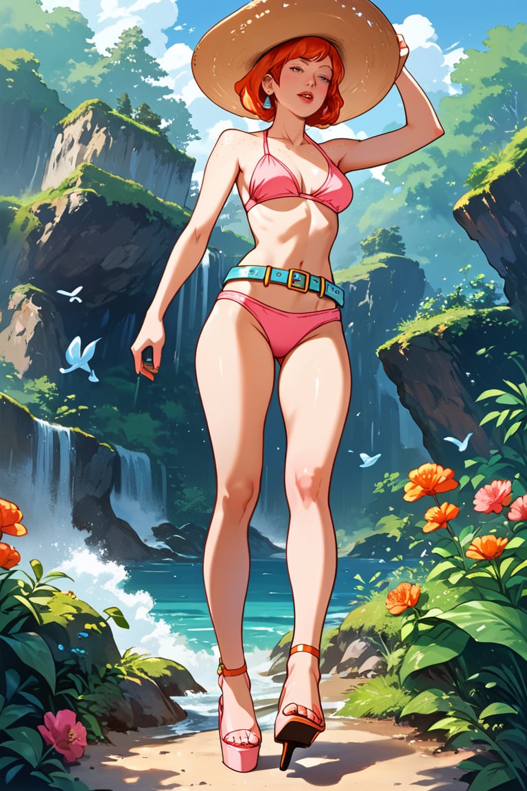 masterpiece, best quality, highly detailed, score_9, score_8_up, score_7_up, score_6_up, source_anime, outdoors, BREAK,SheilaThiefXLP, pink bikini, high heels, freckles, pale skin, orange short hair, lips, aquamarine belt, fantasy word, from below,